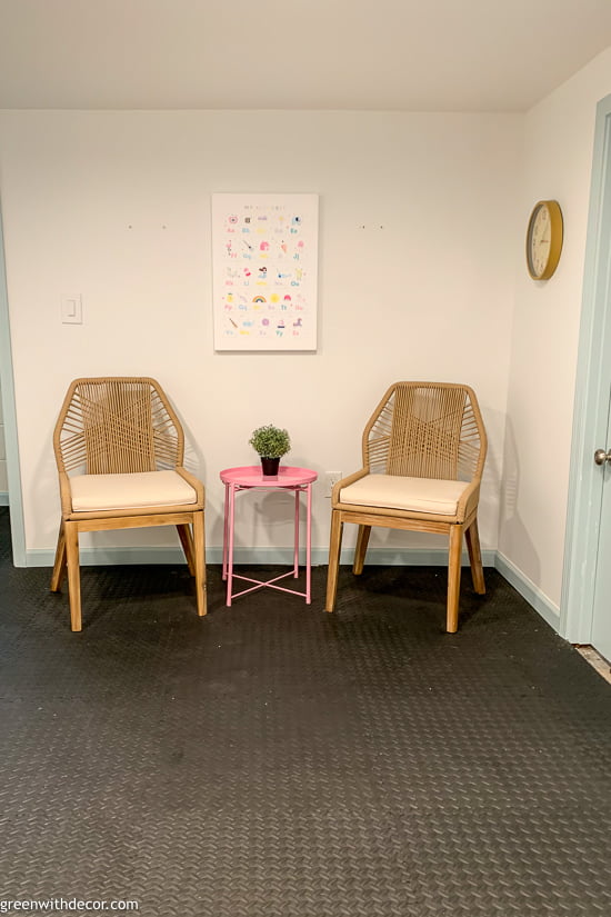 ABC canvas with coastal chairs in a kids' playroom